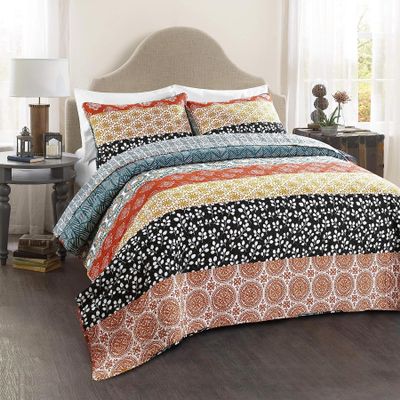 Lush Decor Bohemian Stripe Reversible Cotton Quilt Set, 3 Piece Set, King, Turquoise & Orange - Striped Bedding Set - Blue Quilt King Size - Boho Decor