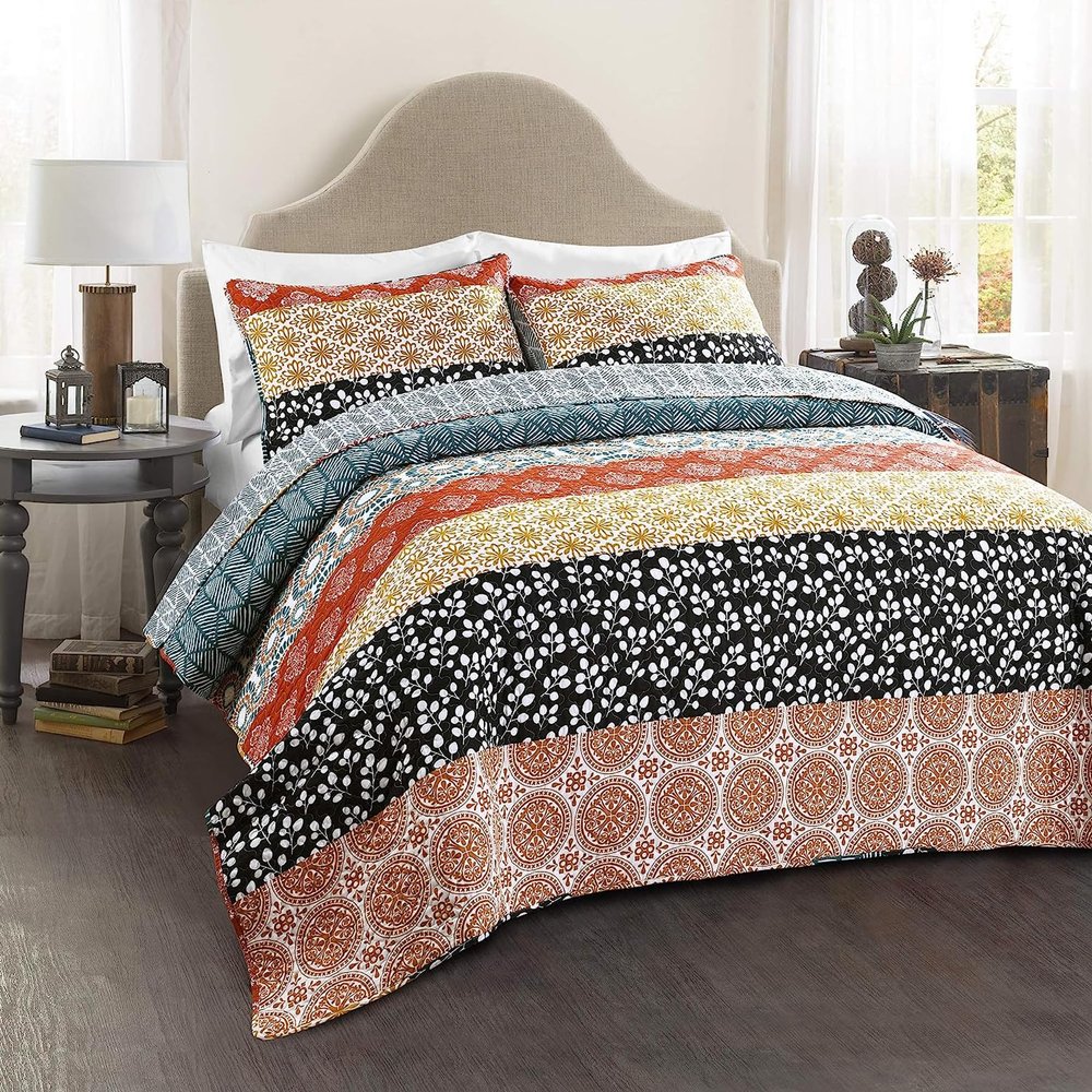 Lush Decor Bohemian Stripe Reversible Cotton Quilt Set, 3 Piece Set, King, Turquoise & Orange - Striped Bedding Set - Blue Quilt King Size - Boho Decor