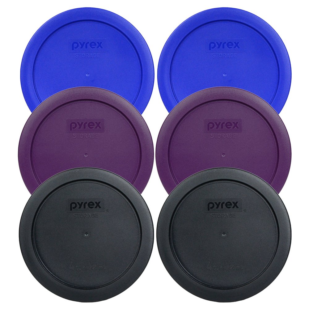 Pyrex 7201-PC 4 Cup (2) Cadet Blue, (2) Purple, & (2) Black Plastic Storage Lids, Made in USA