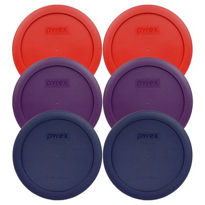 Pyrex 7201-PC 4-Cup (2) Poppy Red, (2) Purple, & (2) Blue Food Storage Replacement Lids - Made in USA