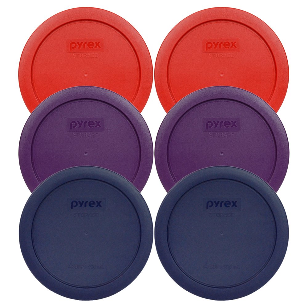 Pyrex 7201-PC 4-Cup (2) Poppy Red, (2) Purple, & (2) Blue Food Storage Replacement Lids - Made in USA