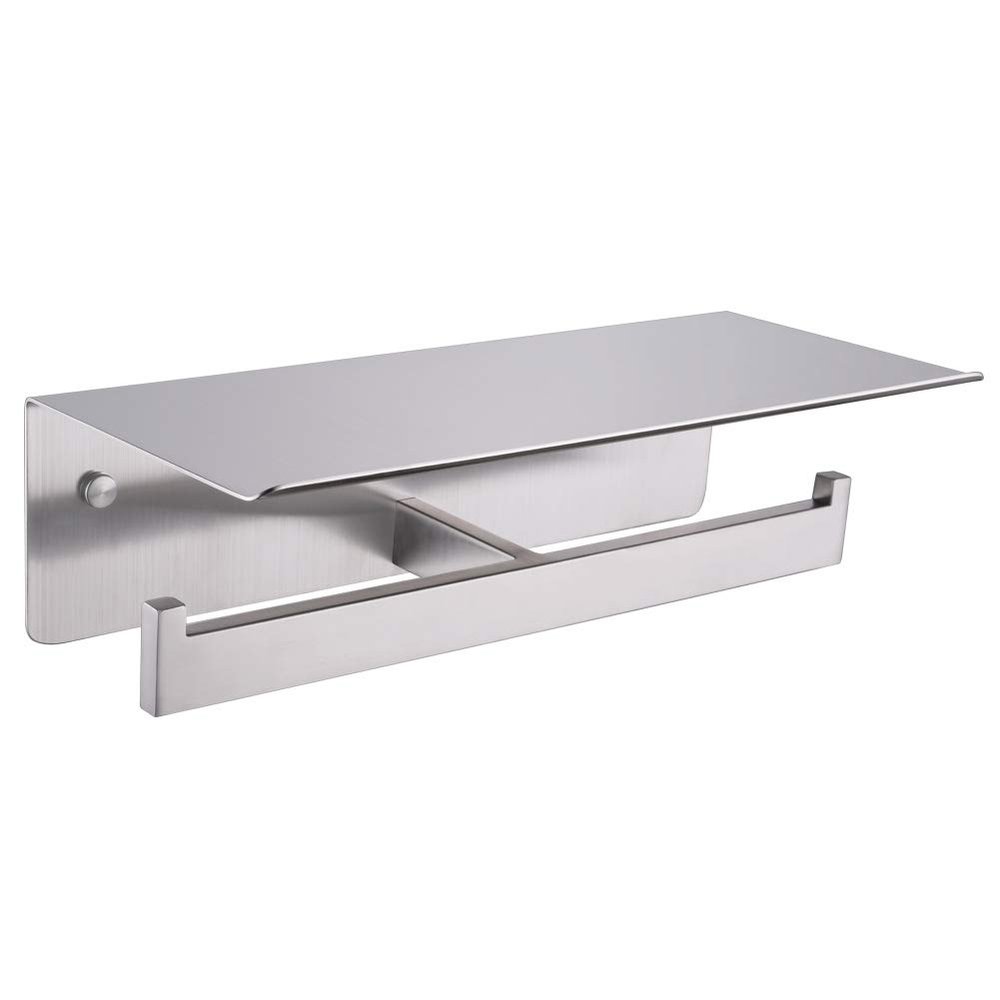 APLusee Double Toilet Paper Holder with Shelf, 304 Stainless Steel Brushed Nickel Bathroom Tissue Holder, Commercial Paper Roll Dispenser Wall Mounted