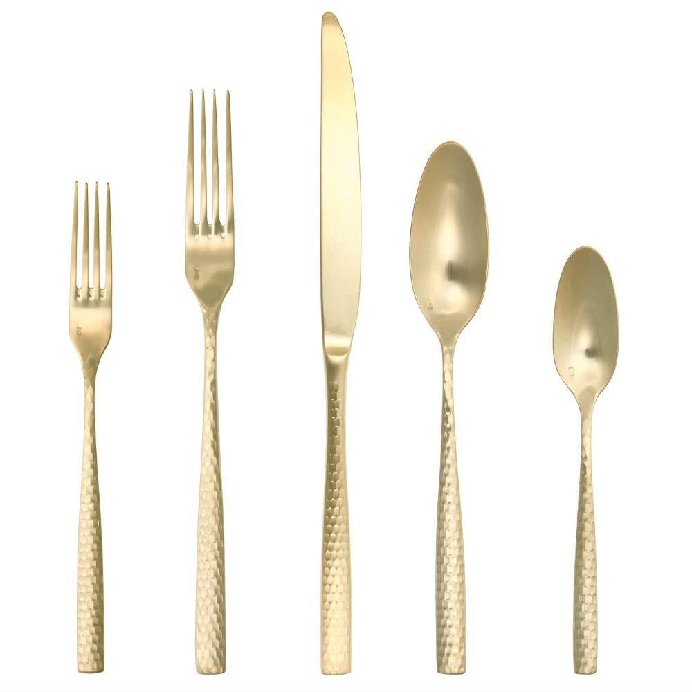 Fortessa Lucca Faceted 18/10 Stainless Steel Flatware, 5 Piece Place Setting, Service for 1, Brushed Gold