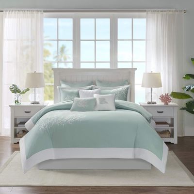 Harbor House 100% Cotton Duvet Cover, Jacquard Coastal Coral Duvet Cover Set Light Weight Bed Comforter Covers, Coastline Blue King/Cal King (106"x90") 3 Piece