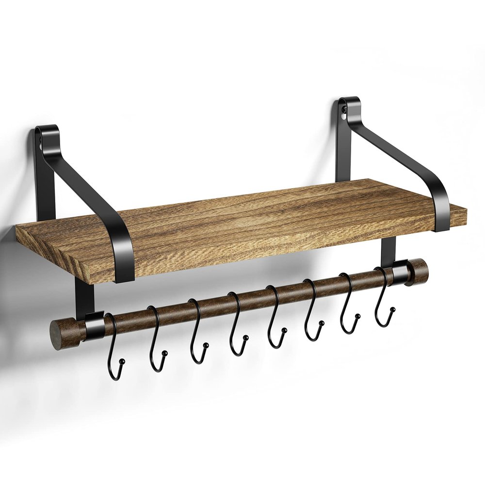 Love-KANKEI Floating Shelf Wall Shelf for Storage Rustic Wood Kitchen Spice Rack with Towel Bar and 8 Removable Hooks for Organize Cooking Utensils or Mugs Carbonized Black