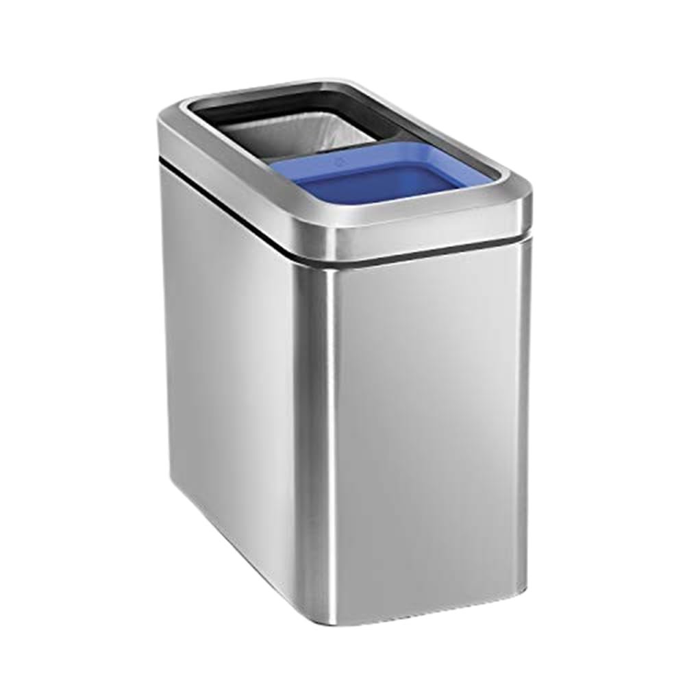 simplehuman 20 Liter / 5.3 Gallon Dual Compartment Recycling Can, Slim Open Top Office Trash Can, Commercial Grade Heavy Gauge Small Trash Can, Brushed Stainless Steel