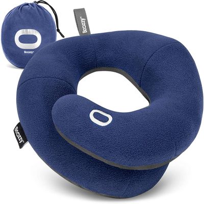 BCOZZY Travel Neck Pillow for Airplane  Patented Double Support for Head, Neck, and Chin. Best for Long Flights, Plane Sleeping, and Car Rides. Adjustable Size. Fully Washable. Carry Bag. Large, Navy