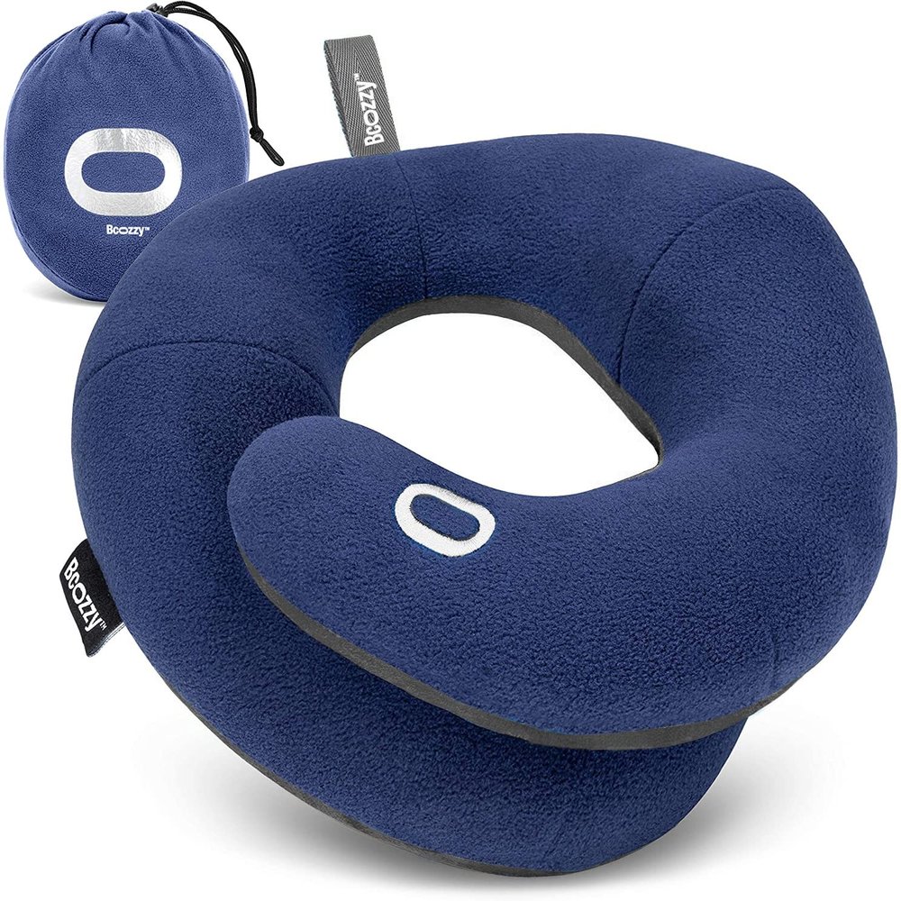BCOZZY Travel Neck Pillow for Airplane  Patented Double Support for Head, Neck, and Chin. Best for Long Flights, Plane Sleeping, and Car Rides. Adjustable Size. Fully Washable. Carry Bag. Large, Navy