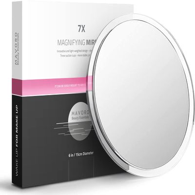 Mavoro 6'' Magnifying Mirror with 3 Strong Suction Cups | 7X Magnification | Portable Travel Makeup & Cosmetic Mirror (7X)
