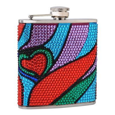 Hip Flask Holding 6 oz - Rhinestone Heart Pattern Design - Pocket Size, Stainless Steel, Rustproof, Screw-On Cap - Purple, Green, Red and Blue Finish