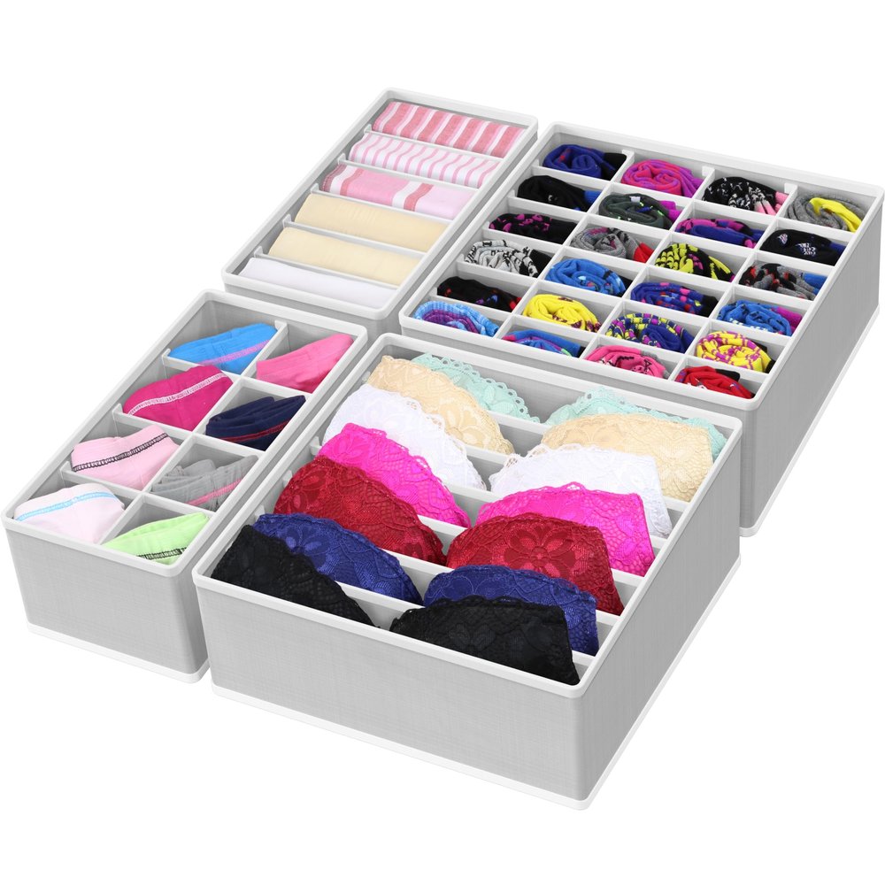 Simple Houseware 4-Pack Drawer Organizer Set - Closet Dividers for Underwear, Socks, Bras, Scarves, Ties - Foldable Non-Woven Storage Boxes, Gray