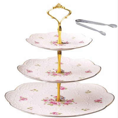 Jusalpha Elegant Embossed 3-tier Ceramic Cake Stand- Cupcake Stand- Tea Party Pastry Serving Platter in Gift Box and a Free Sugar Tong (FL-Stand 03)