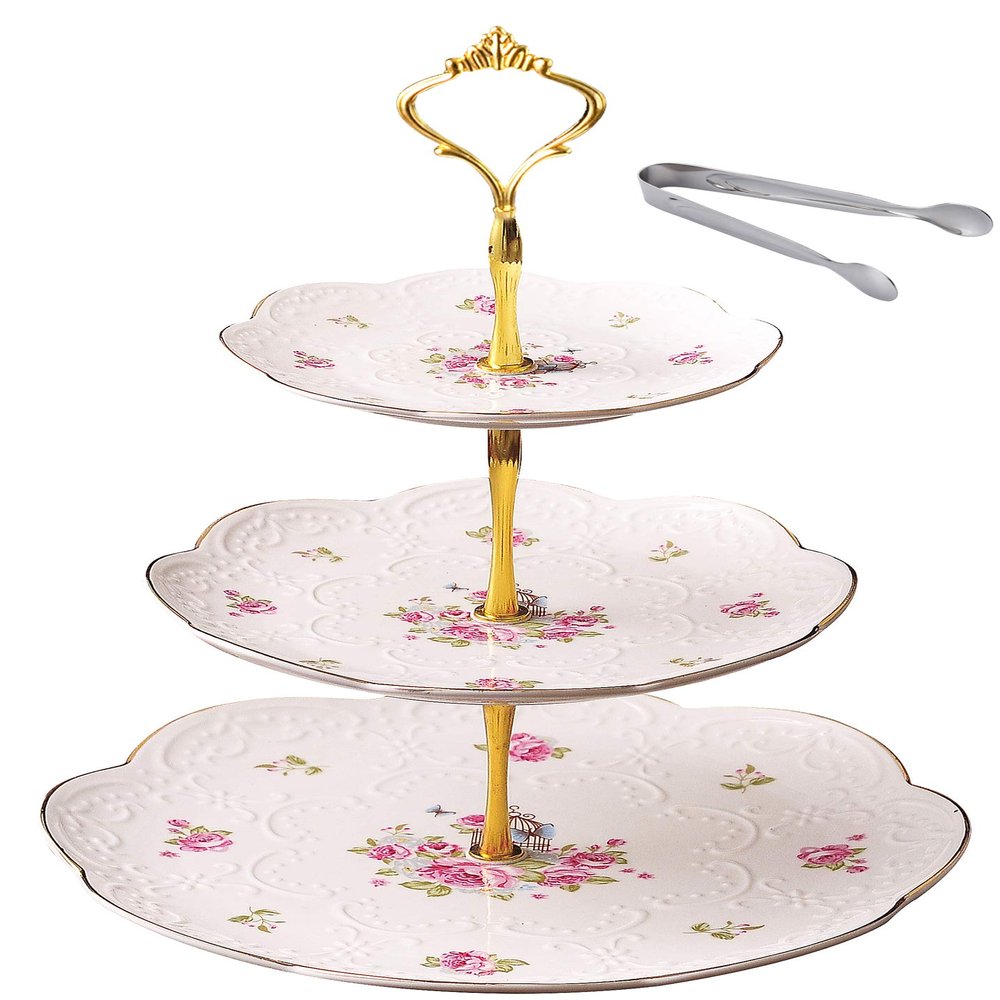 Jusalpha Elegant Embossed 3-tier Ceramic Cake Stand- Cupcake Stand- Tea Party Pastry Serving Platter in Gift Box and a Free Sugar Tong (FL-Stand 03)
