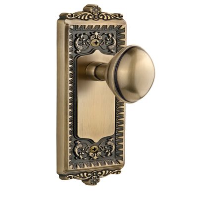 Grandeur Windsor Plate with Eden Prairie Knob, Passage - 2.375", Vintage Brass