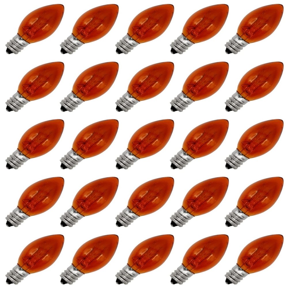 Creative Hobbies Transparent Orange C7 Light Bulbs - 7 Watt, Steady Burning, Candelabra Base - Ideal for Halloween Pumpkin Lights & Christmas | Box of 25