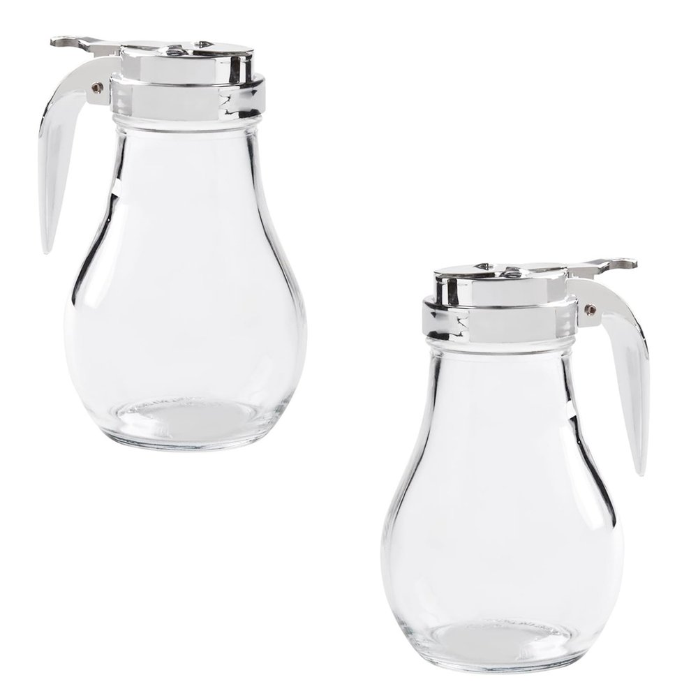 6 Oz. (Ounce) Glass Bulb Jar Syrup Dispenser, Sugar Dispenser, Retracting Spout, Dispensing Thumb-Lever, Pancake House Style (2)