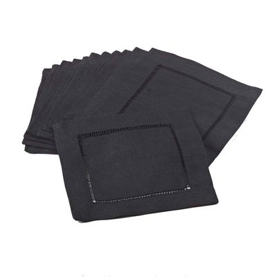 Black Handmade Classic Hemstitch Cocktail Napkin/Coaster (Set of 12), 6" Square Shape