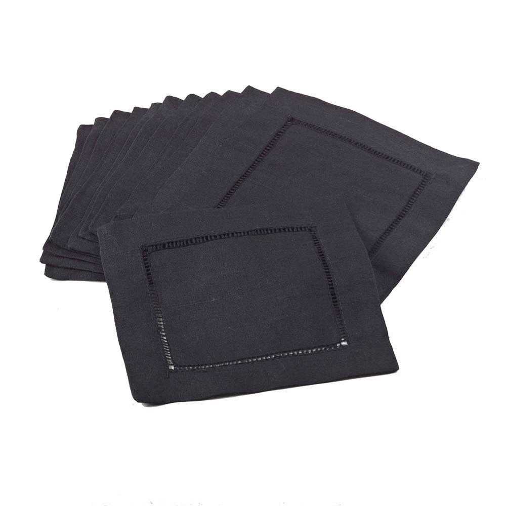 Black Handmade Classic Hemstitch Cocktail Napkin/Coaster (Set of 12), 6" Square Shape