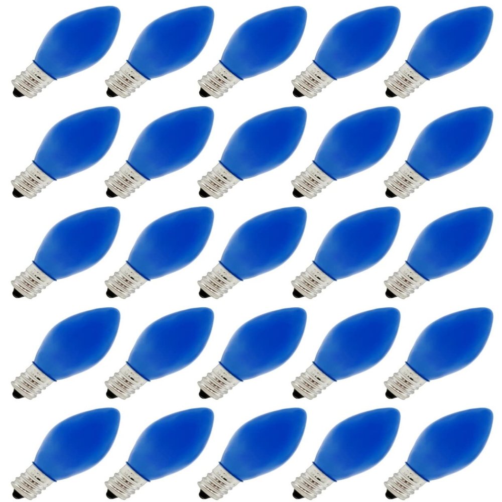 Creative Hobbies Box of 25 Light Bulbs -C7, Steady Burning - Opaque Blue - 7 Watt, Nickel Plated Candelabra Base, Extended Life, Great for Night Lights, Decorative Lights and Christmas Strings