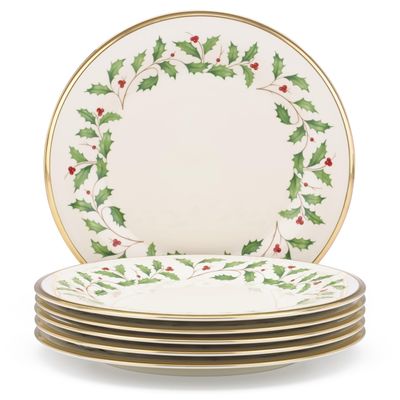 Lenox Holiday 6-Piece Dinner Plates Dinnerware Set, Service For 6, Porcelain, Dishwasher Safe, Round Plates Set, Holiday Red & Green, Perfect for Gatherings, Christmas Dinnerware (Ivory, 6 Piece)