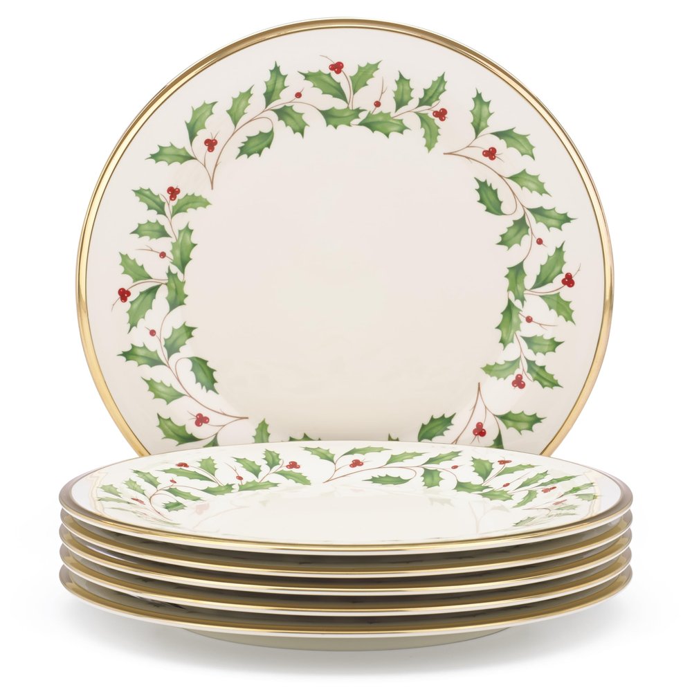 Lenox Holiday 6-Piece Dinner Plates Dinnerware Set, Service For 6, Porcelain, Dishwasher Safe, Round Plates Set, Holiday Red & Green, Perfect for Gatherings, Christmas Dinnerware (Ivory, 6 Piece)