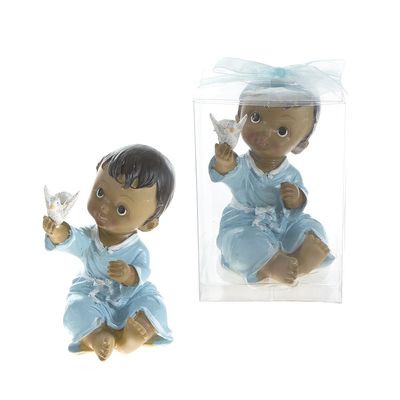 Lunaura Religious Keepsake - Set of 12 "Boy" Black Ethnic Baby Toddler in Robe Holding Dove Favors - Blue