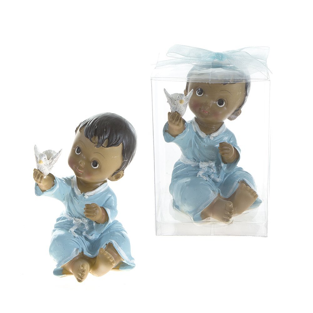 Lunaura Religious Keepsake - Set of 12 "Boy" Black Ethnic Baby Toddler in Robe Holding Dove Favors - Blue