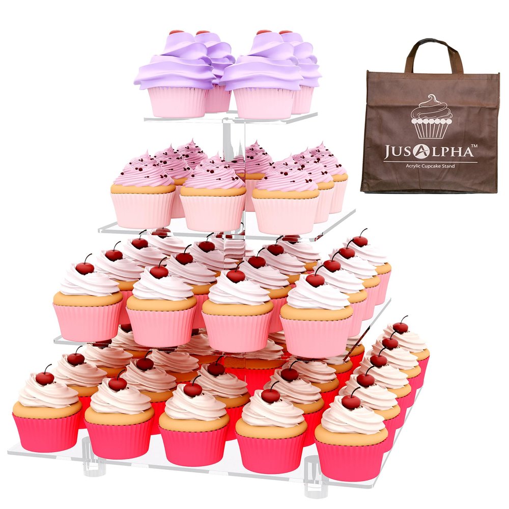 Jusalpha Large 4 Tier Cupcake Stand Square Acrylic Cupcake Tower Stand for Dessert, Pastry, Serving Platter-Candy Bar Party Dcor and Supply(with Rod Feet) (4SF-V2)