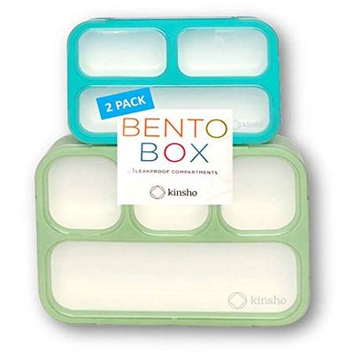 kinsho Leakproof Bento-Box Lunch-Boxes for Women, Kids. Large Green 4 Compartments and Mini Blue 3 Compartment Containers for Lunches Snacks School Travel, 2 pack set