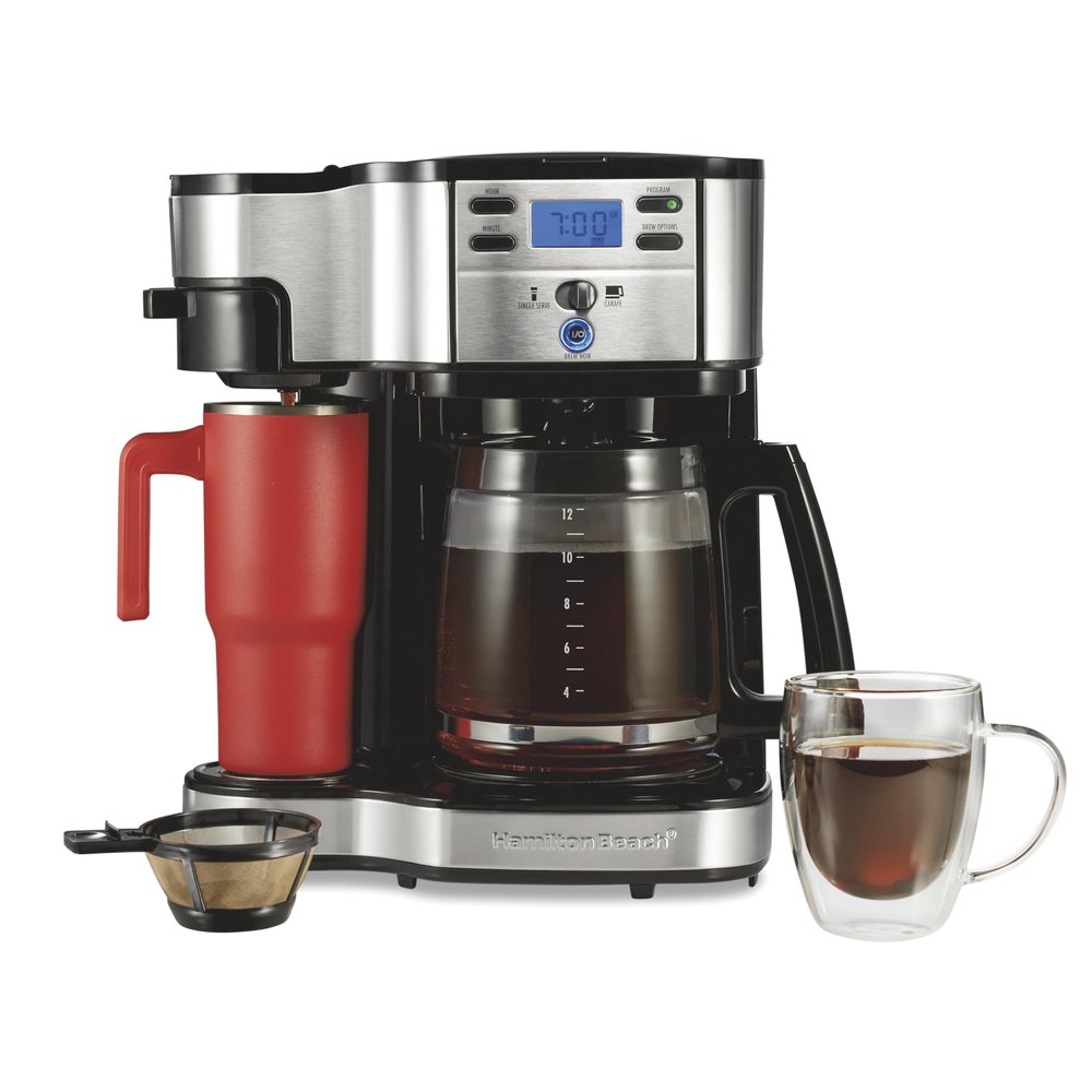 Hamilton Beach 2-Way Programmable Coffee Maker, 12 Cup Glass Carafe And Single Serve Coffee Maker, Black with Stainless Steel Accents, 49980RG