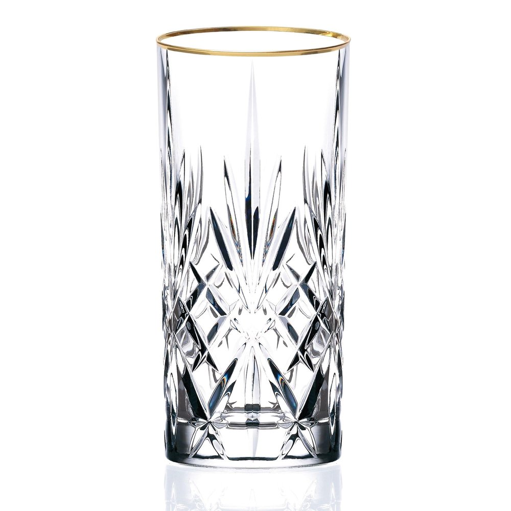 Lorren Home Trends Siena Collection Crystal Water Beverage or Ice Tea Glass with Gold Band Design, Set of 4,12 ounces