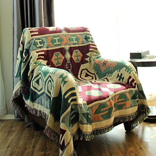 LELVA Boho Bedspread Bohemian Tapestry Woven Throw Blanket Sofa Cover Mandala Tapestry Green (70 X 86 inch)