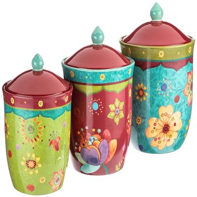 Tunisian Sunset 3-Piece Ceramic Canister Set  Colorful Floral Kitchen Storage Jars with Lids, Includes 104 oz., 72 oz., and 54 oz. Sizes for Flour, Sugar, Coffee & Dry Goods