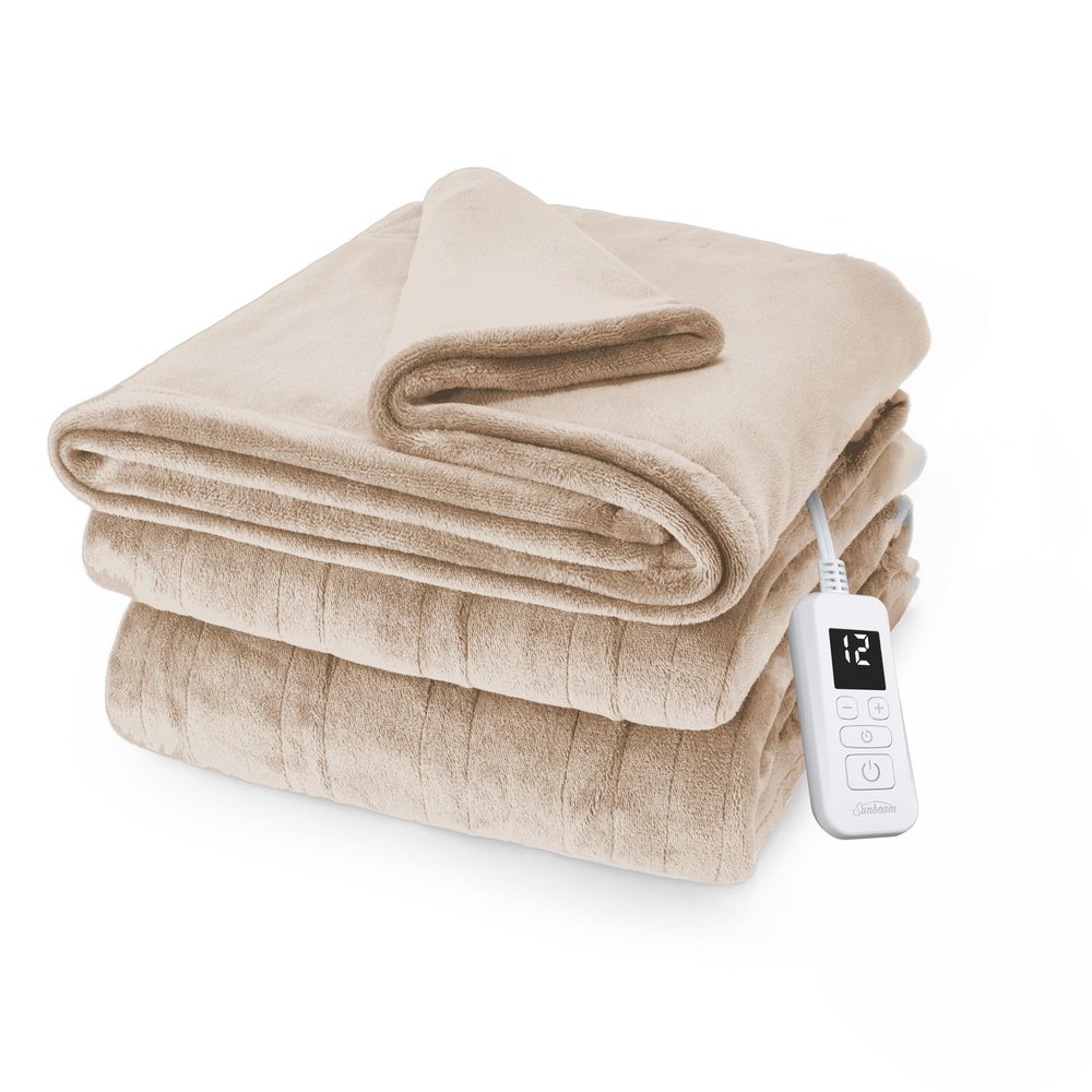 Sunbeam Electric Royal Posh Velvet Heated Blanket, 12 Heat Settings, 12-Hour Selectable Auto Shut-Off, Fast Heating, Warm and Lush, Champagne Color, Full, 84" x 72"