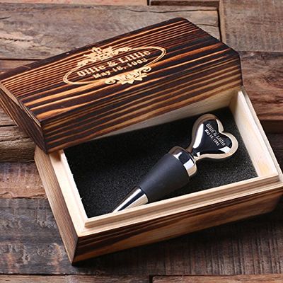 Teals Prairie & Co. Personalized Wine Heart Shape Stainless Steel Wine Stopper with Wood Gift Box Wedding Couple Gift