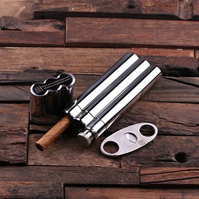Teals Prairie & Co. Personalized Stainless Steel Cigar Holder with Whiskey Flask and Cutters