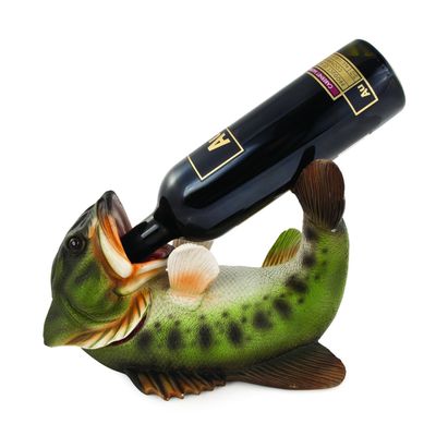 True Boozy Bass Polyresin Wine Bottle Holder - Table Top and Counter Wine Rack, Animal Home Decor - Set of 1, Green, Holds 1 Standard Wine Bottle