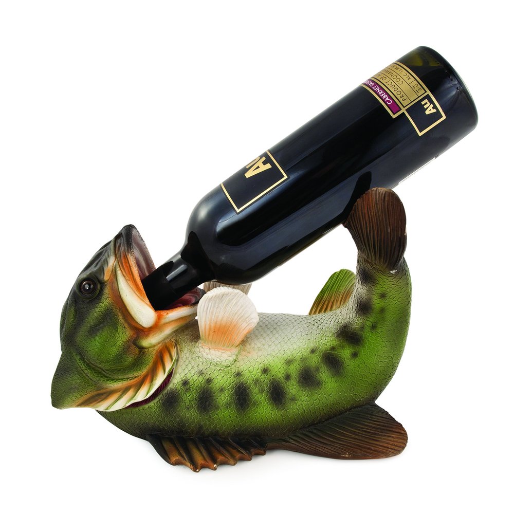 True Boozy Bass Polyresin Wine Bottle Holder - Table Top and Counter Wine Rack, Animal Home Decor - Set of 1, Green, Holds 1 Standard Wine Bottle