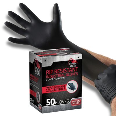 Venom Steel Industrial Nitrile Gloves, Chemical Resistant Disposable Black Gloves, Latex-Free, Powder-Free, Textured Grip, Heavy Duty Two-Layer Protection, 6 mil, One Size Fits Most, 50 Count