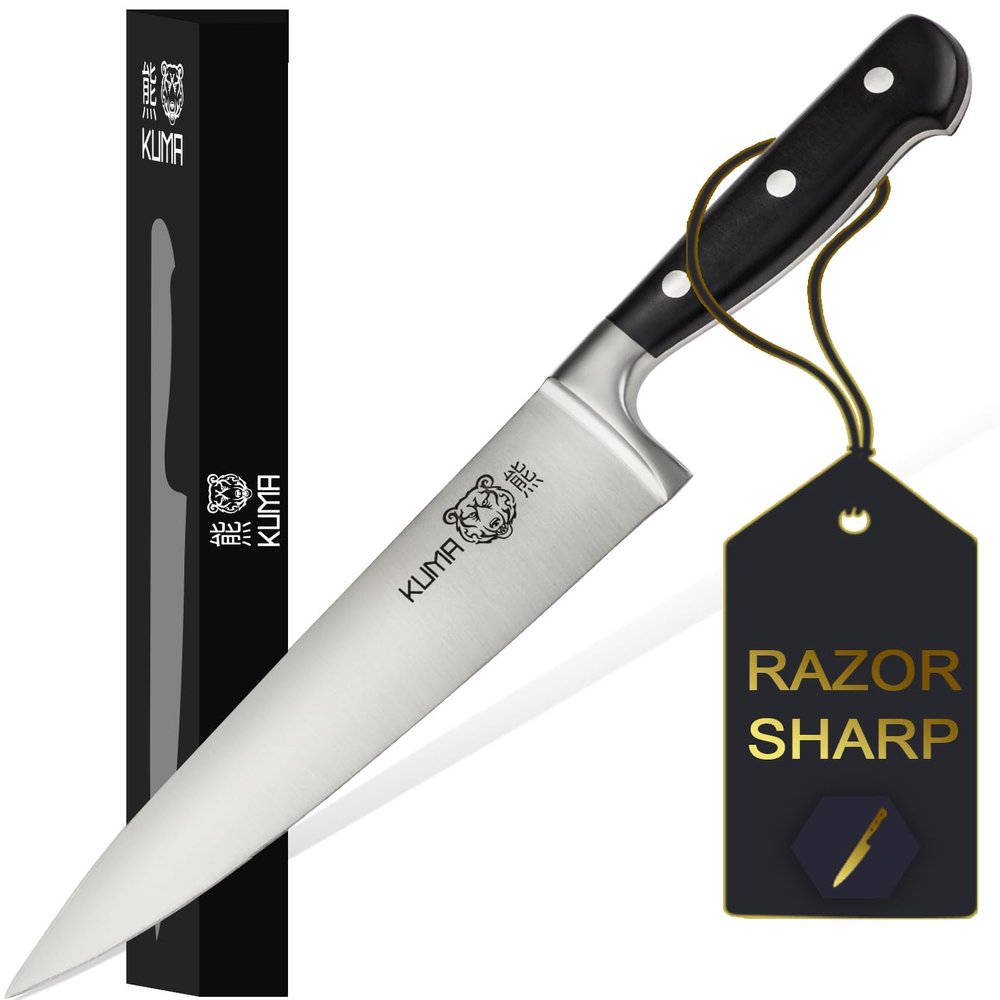 KUMA 8-Inch Multipurpose Chef Knife, razor sharp stainless steel blade, ergonomic handle for precision cutting, gift-ready for foodies