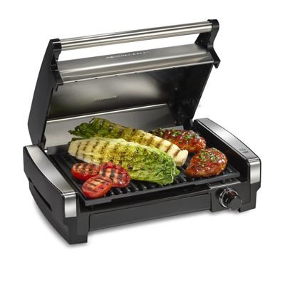 Hamilton Beach Electric Indoor Searing Grill with Adjustable Temperature Control to 450F, 118 sq. in. Surface Serves 6, PFAS-Free Removable Nonstick Grate, Stainless Steel (25360)