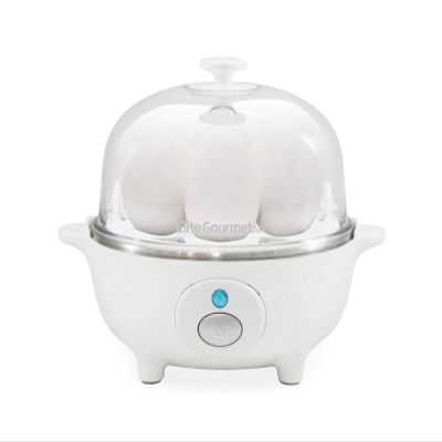 Elite Gourmet EGC-007 Rapid Egg Cooker, 7 Easy-To-Peel, Hard, Medium, Soft Boiled Eggs, Poacher, Omelet Maker, Auto Shut-Off, Alarm, 16-Recipe Booklet, White