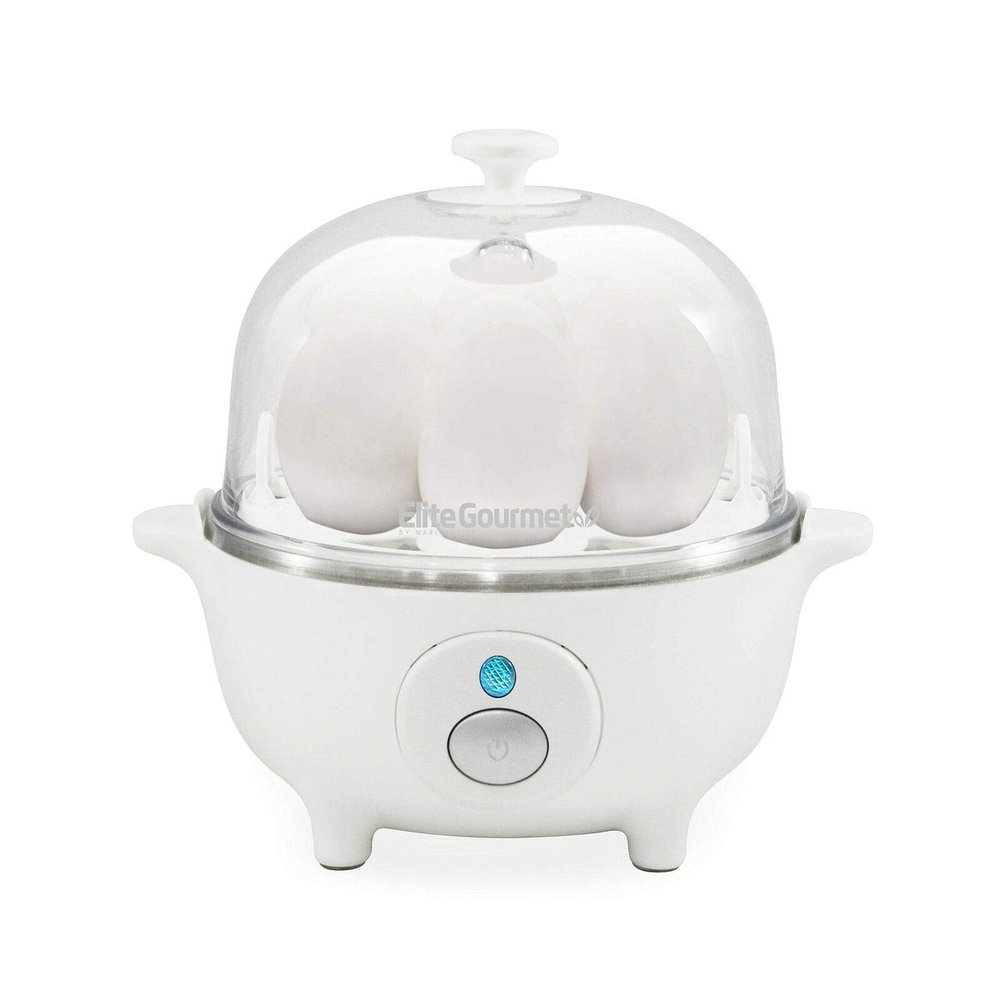 Elite Gourmet EGC-007 Rapid Egg Cooker, 7 Easy-To-Peel, Hard, Medium, Soft Boiled Eggs, Poacher, Omelet Maker, Auto Shut-Off, Alarm, 16-Recipe Booklet, White
