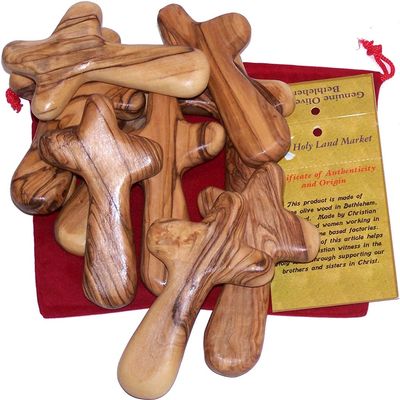 10 Olive Wood Holding Crosses Comes with Velvet Bag & Certificate