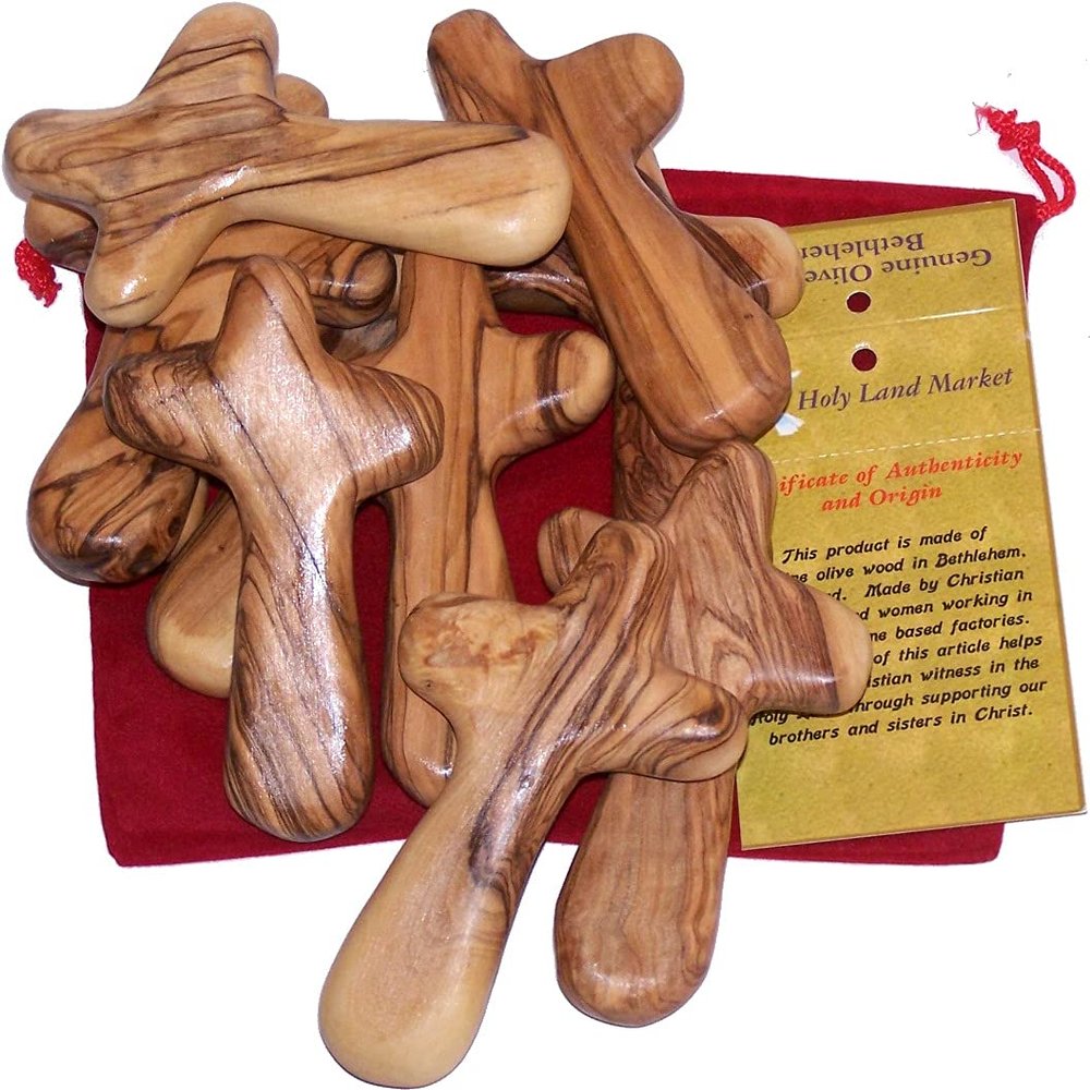 10 Olive Wood Holding Crosses Comes with Velvet Bag & Certificate