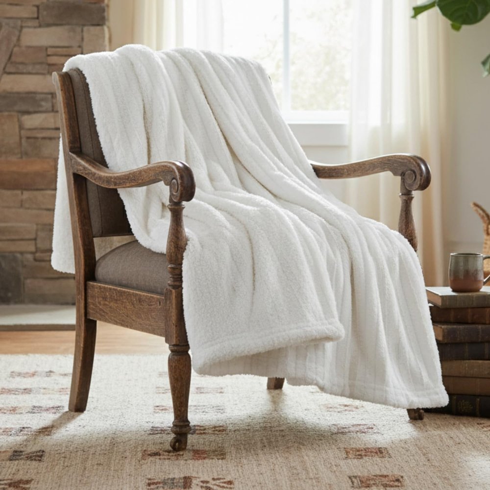 Tache White Ivory Super Soft Warm Polar Faux Fur with Sherpa Throw Blanket 63 x 87