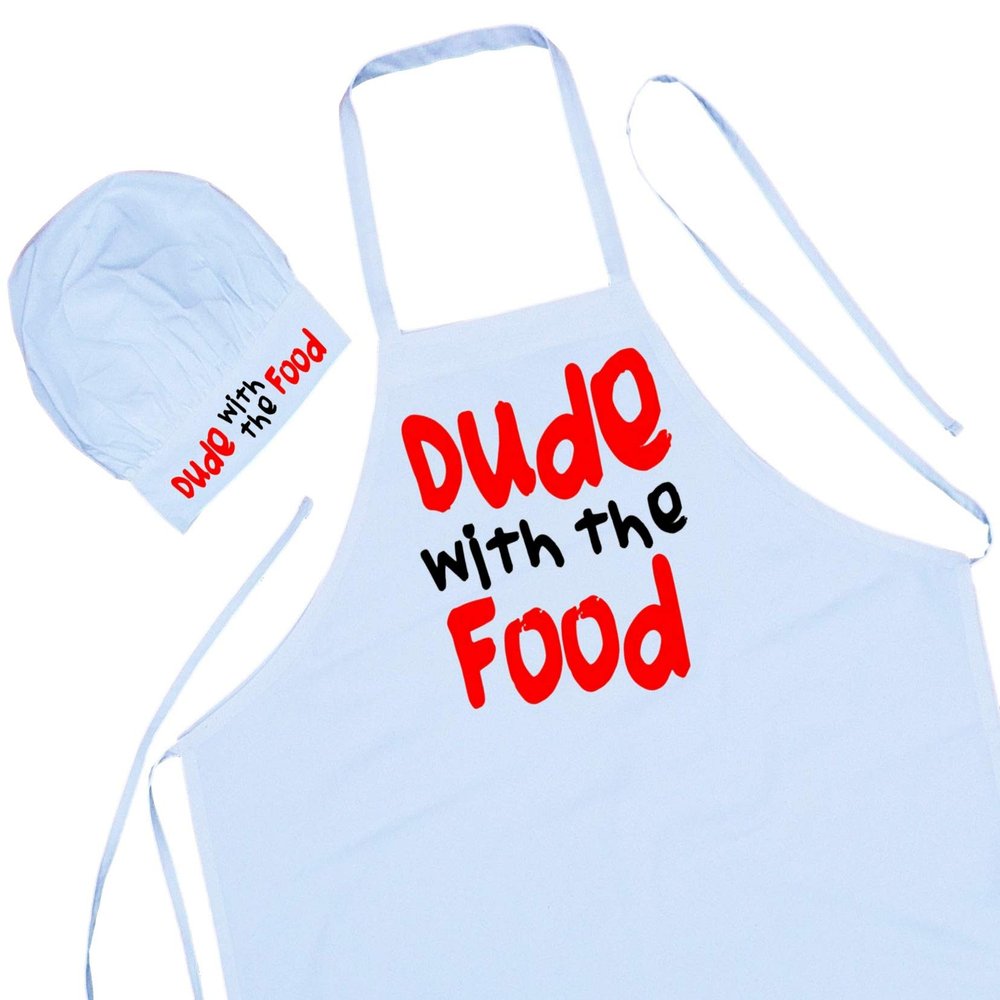 White Apron And Chef Hat Set For Men Dude With The Food, Kitchen Aprons With Toques