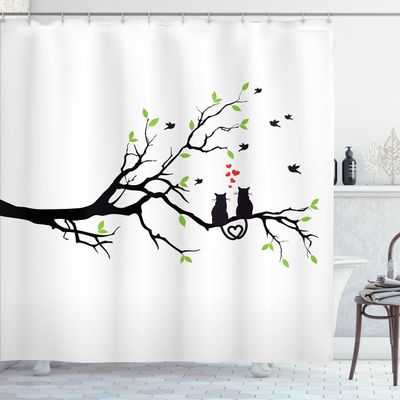 Ambesonne Cat Lover Shower Curtain, Cats in Love on Tree Branch with Flying Birds Nature Romance Illustration, Cloth Fabric Bathroom Decor Set with Hooks, 69" W x 70" L, Lime Green