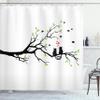 Ambesonne Cat Lover Shower Curtain, Cats in Love on Tree Branch with Flying Birds Nature Romance Illustration, Cloth Fabric Bathroom Decor Set with Hooks, 69" W x 70" L, Lime Green view 1