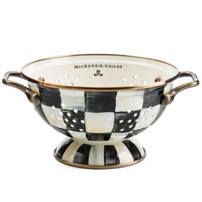 MACKENZIE-CHILDS Enamel Colander, Decorative Kitchen Strainer, Small, Black-and-White Courtly Check